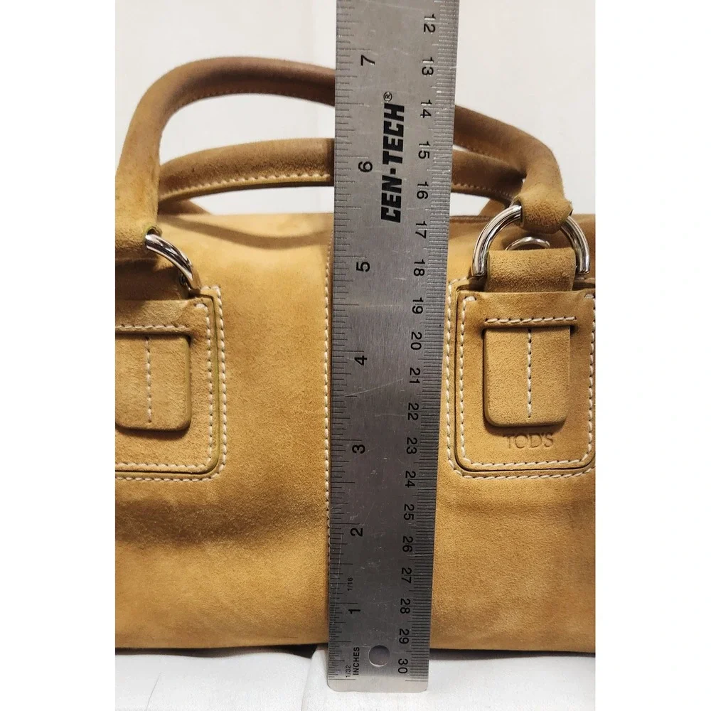 Tods Tan Suede Satchel Bag White Topstitch Silver Hardware Made in Italy